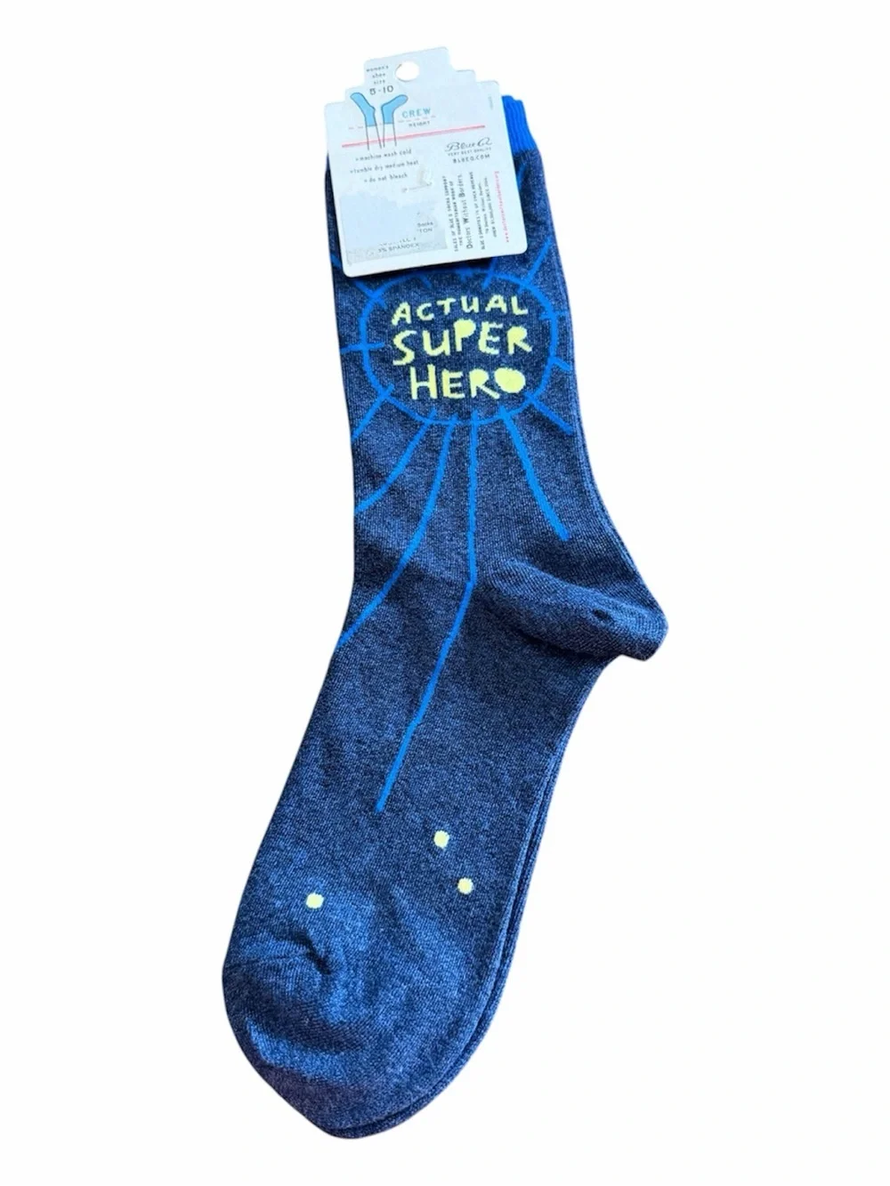 Blue Q Navy Crew Socks with Yellow 'Actual Super Hero' Text